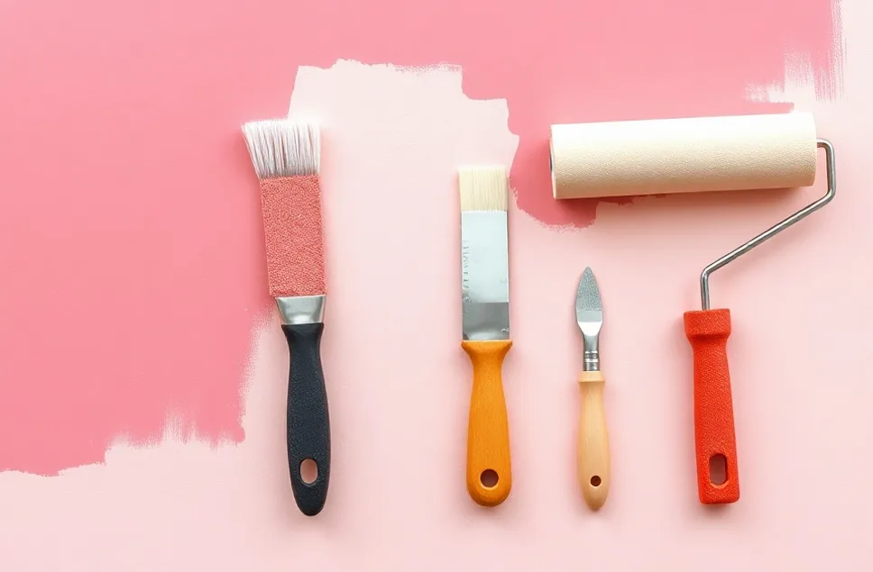 Outils de peinture disposés dans l'ordre des étapes du chantier