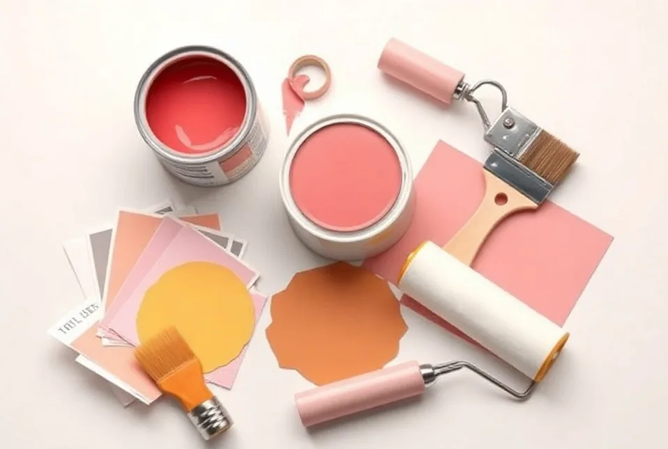 Pots de peinture, nuancier, brosses et rouleaux disposés à plat