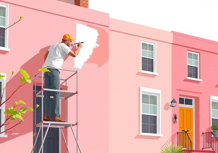 Peintre sur échafaudage traitant la façade d'une maison