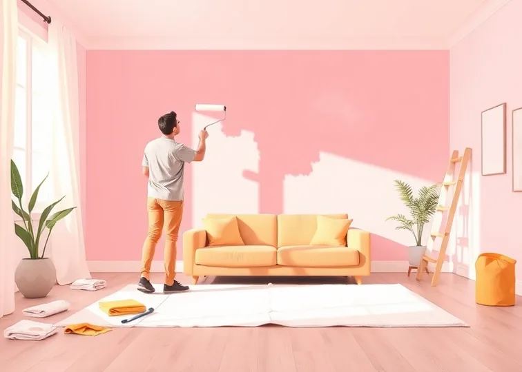 Peintre appliquant la peinture au rouleau sur un mur de salon